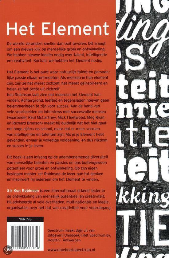 Boekcover van 'Het Element' met tekst en woorden.