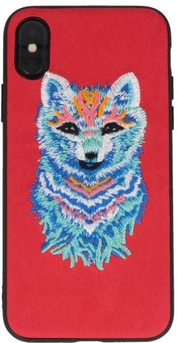Rood Borduurwerk Wolf TPU Back Cover Hoesje voor iPhone X