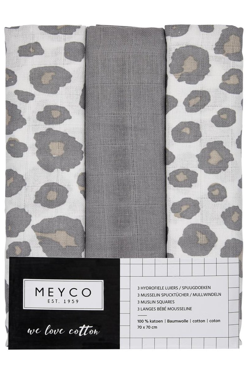 Meyco Baby Panter hydrofiele doeken - 3-pack - neutral/grey - 70x70cm | bol