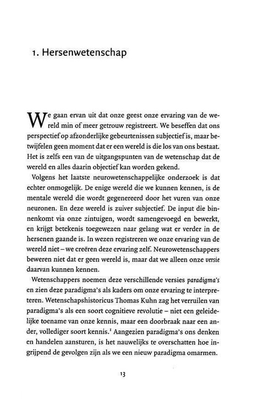 Pagina 13 met tekst over neurowetenschap, paradigma's en kennis.