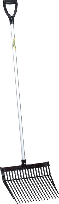 Een mestvork met een aluminium steel en een zwart D-handvat. De vork heeft 20 zwarte tanden.