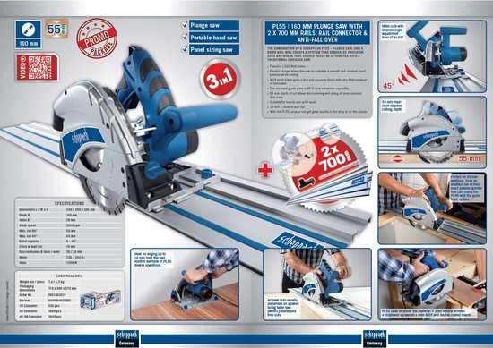 Promotionele afbeelding van een blauwe en zilverkleurige invalzaag op een geleiderail, met productinformatie en specificaties.