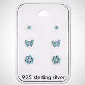 Set vlinder, bloem, rond - 925 sterling zilveren oorknopjes met kristal