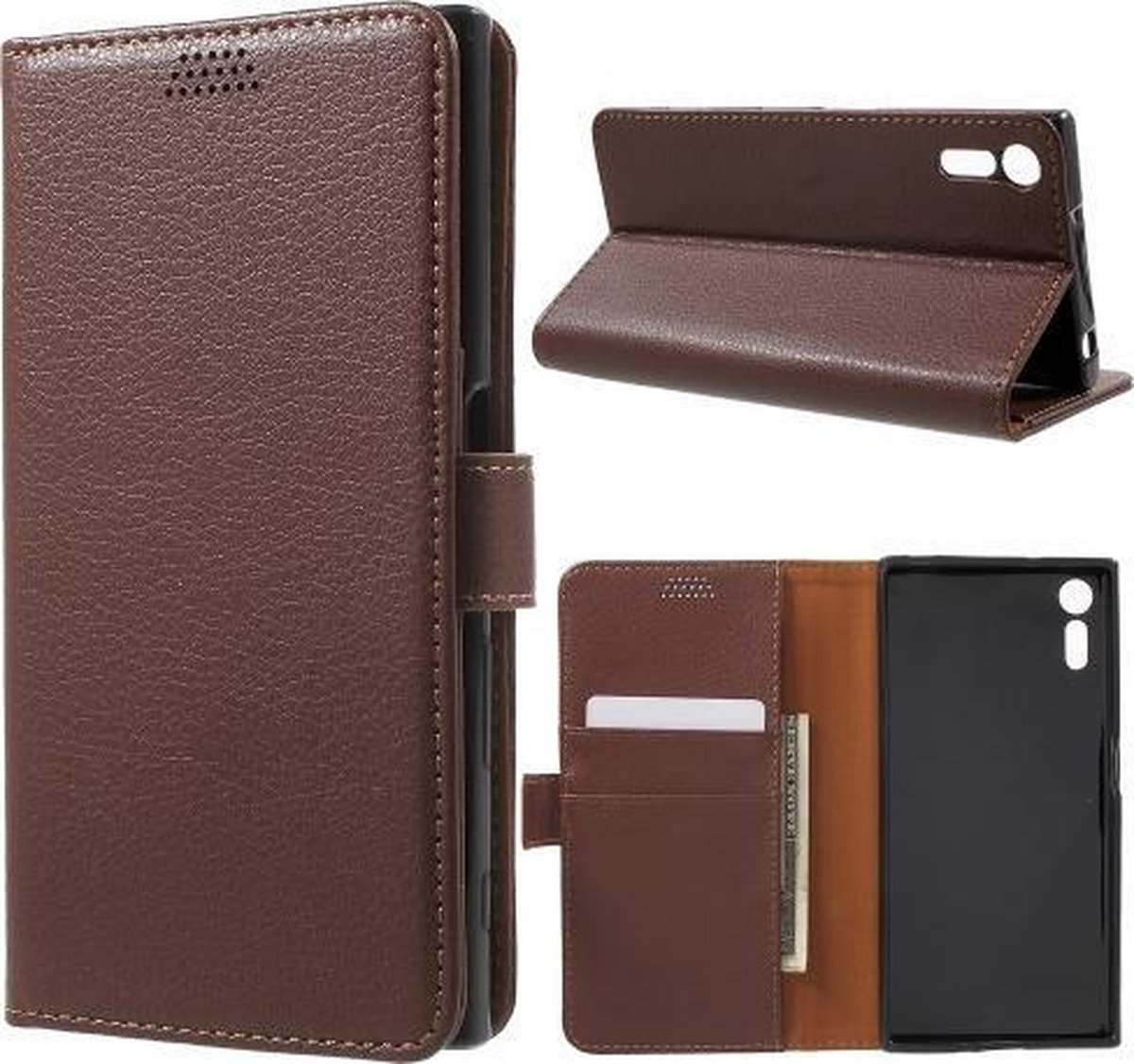 Litchi cover bruin wallet case hoesje Geschikt voor: Sony Xperia XZ