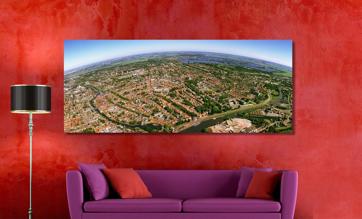 Gouda in Panorama | 170 x 70 cm | Foto op Canvas | Luchtfoto | Wanddecoratie | Skyline | Bijzonder Gedetailleerd