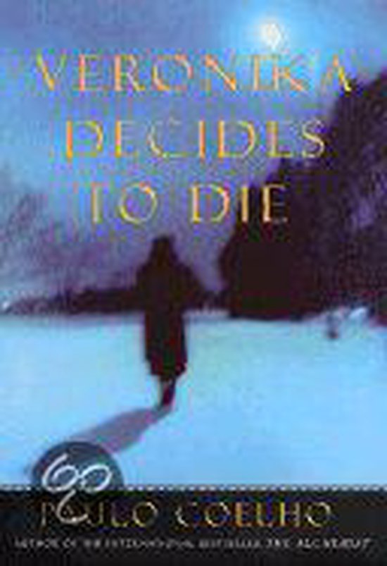 Boek 'Veronika besluit te sterven' van Paulo Coelho, met een silhouet van een persoon in een besneeuwd landschap.