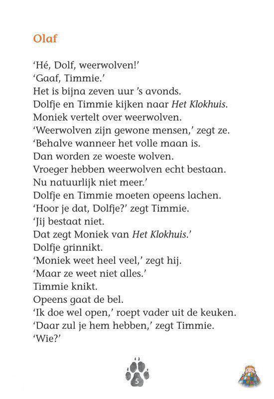 Bladzijde met tekst over Dolfje en Timmie die praten over weerwolven. Onderaan staat een pootafdruk.
