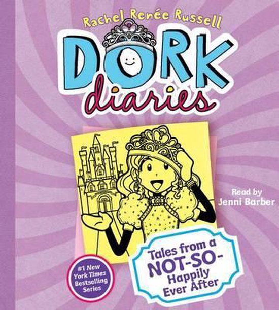 Dork Diaries boek met in het midden een tekening van een meisje met een kroon en prinsessenjurk, met een kasteel op de achtergrond. "Tales from a NOT-SO-Happily Ever After"