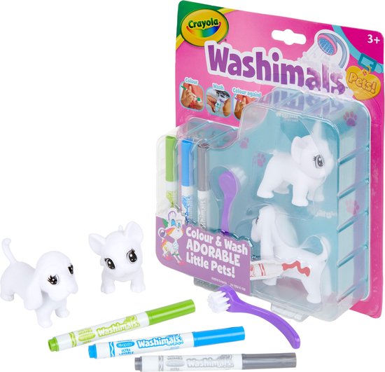 Washimals Pets! Twee witte hondjes met drie stiften, een borstel en een paarse lepel.