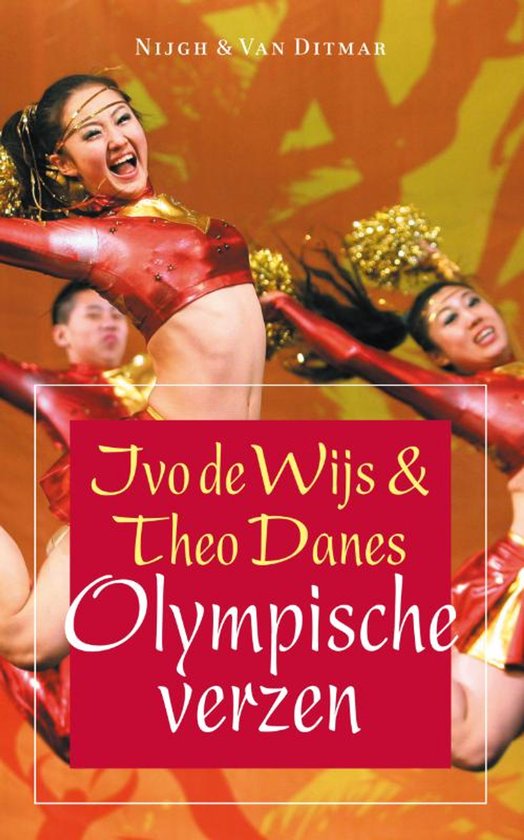Vrouwen in rode, glimmende pakjes met gouden accenten en pompoms dansen op een oranje achtergrond. De titel 'Olympische verzen' staat op een rood vlak.