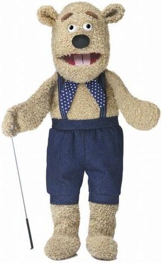 Bruine teddybeer handpop in spijkerbroek, bretels en blauwe strik met stippen. Mond is beweegbaar.