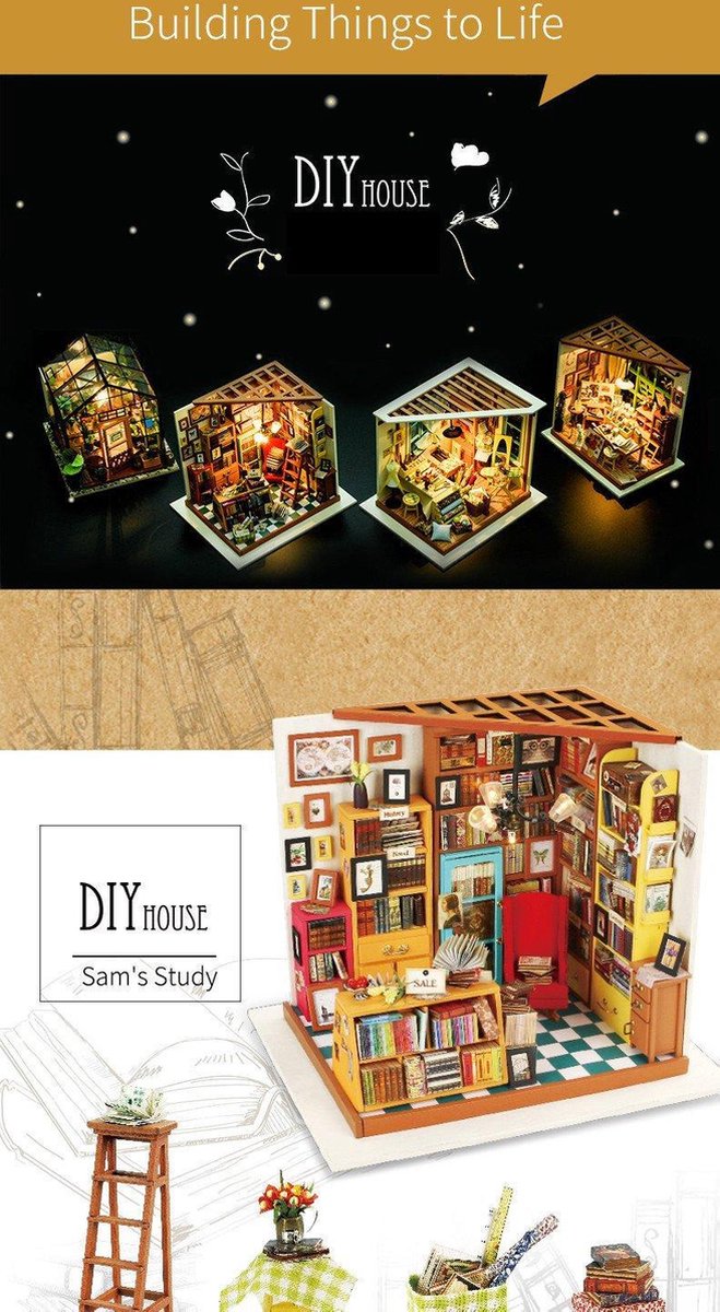 Robotime modelbouw Miniatuur bouwpakket Sam's Study hout/papier/kunststof - 190mm hoog x 225mm breed x 185mm diep - met lampje — afbeelding 7