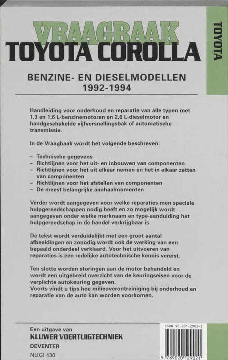 Achterpagina van het vraagboek "Toyota Corolla Benzine- en dieselmodellen 1992-1994" met informatie over inhoud en uitgever.