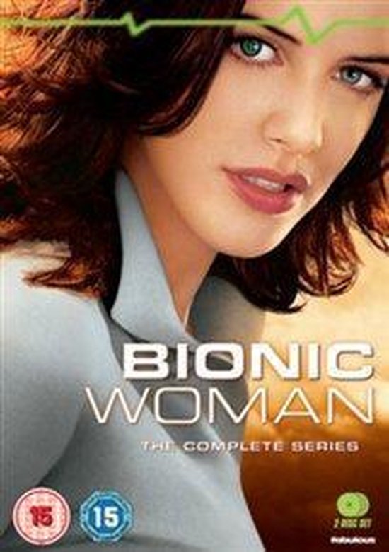Close-up van de Bionic Woman, met groen-blauwe ogen en bruin haar. De titel 'BIONIC WOMAN THE COMPLETE SERIES' is zichtbaar.