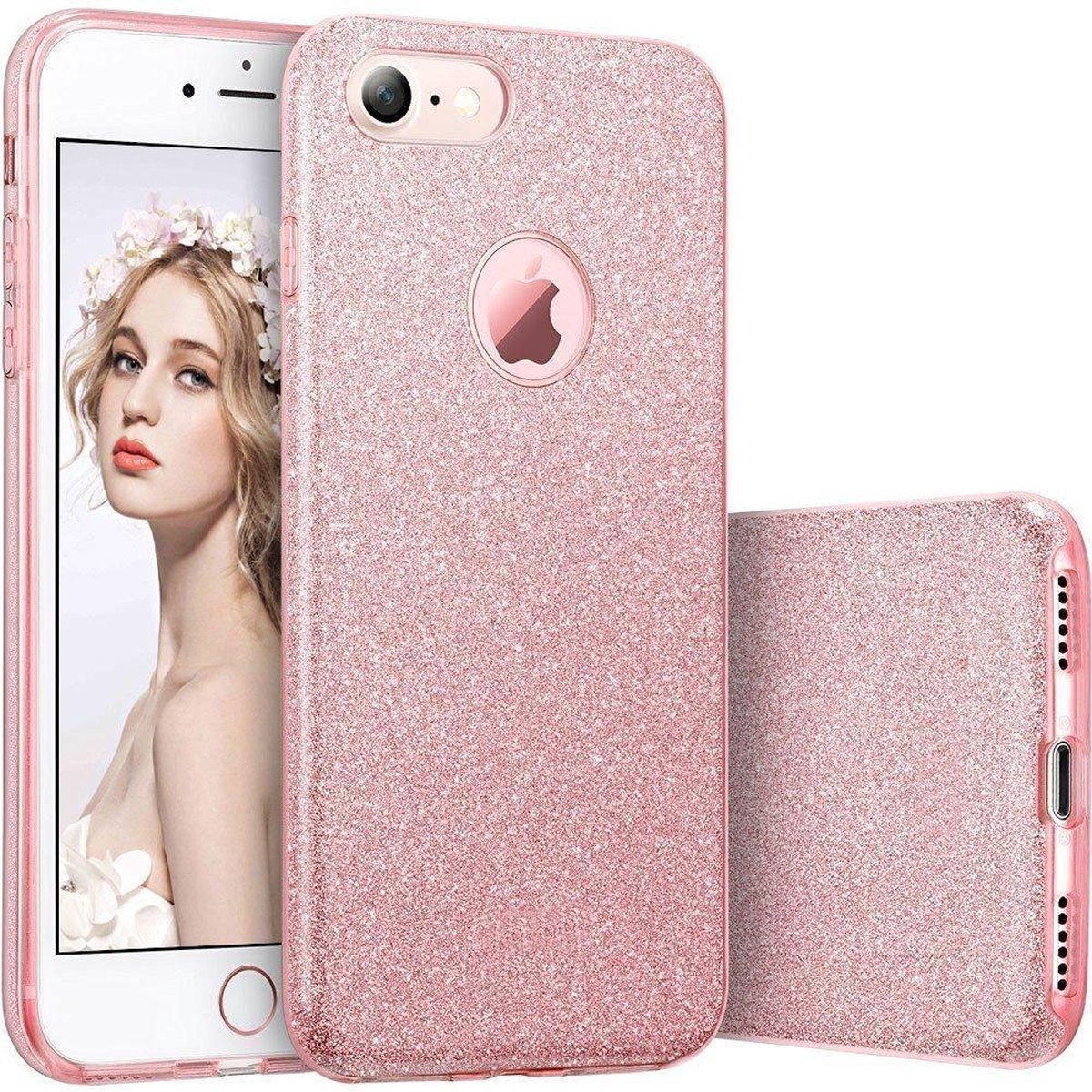 Hoesje geschikt voor iPhone SE 2022 / 2020 / 8 / 7 - Glitter Back Cover Bling Siliconen Case Hoes Roze - iCall
