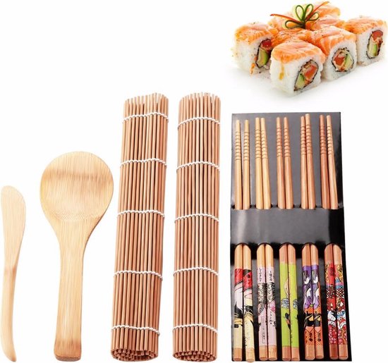 voordeel Katholiek straal Sushi kit - Set met 5x eetstokjes, 2 x bamboe mat, lepel en mes. Maak zelf  Sushi! | bol.com