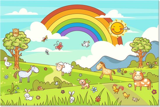 Graphic Message - Schilderij op Canvas - Regenboog Dieren Landschap - Kinderkamer - Babykamer - Kind