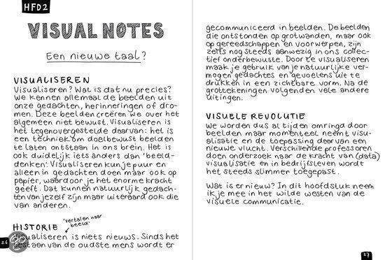 Twee pagina's uit een boek met de titel 'VISUAL NOTES Een nieuwe taal?'. De linkerpagina bevat tekst, de rechterpagina beschrijft 'VISUELE REVOLUTIE' met tekst.