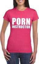 Porn instructor tekst t-shirt roze dames XL