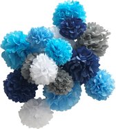 Feest versiering pompon set 15 stuks blauw grijs wit - pompom - geboorte versiering - feestversiering - verjaardag - babyshower - kinderfeest - decoratie