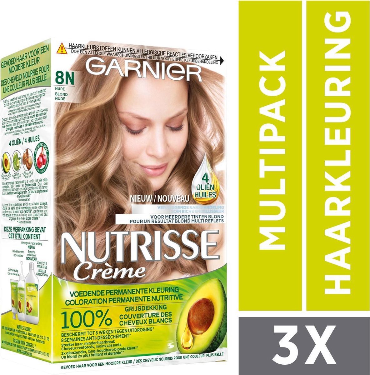 oplichter aanklager natuurlijk Garnier Nutrisse Crème Haarverf - 8N Nude Natuurlijk Lichtblond - 3  stuks... | bol.com