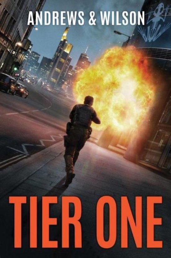 Boek Tier One met een explosie op de achtergrond en een rennende man.