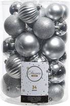 Decoris Kerstballen - 34x st - zilver - 4, 6, 7 en 8 cm - kunststof - kerstversiering