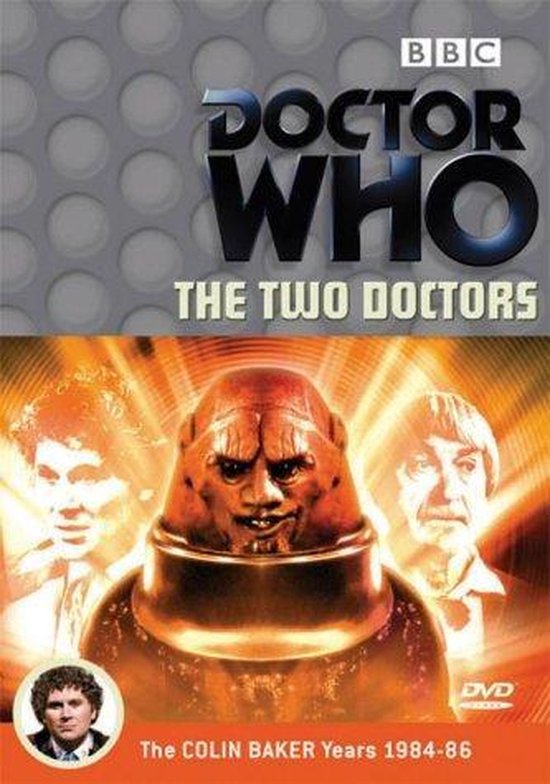 DVD-hoes van Doctor Who: The Two Doctors met de gezichten van twee dokters, een Sontaran en een gebouw.