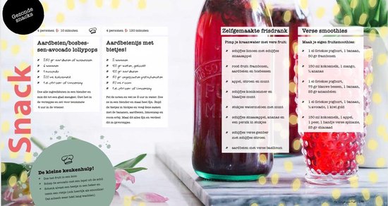 Pagina met recepten voor aardbeien/bosbessen-avocado lollypops, aardbeien met bietjes en verse smoothies.