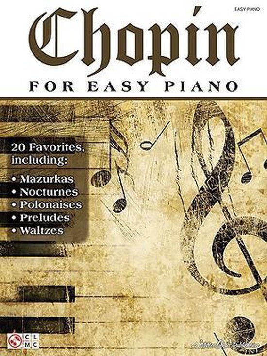 Muziekboek 'Chopin for Easy Piano' met perkamentachtige achtergrond en pianotoetsen. Bevat 20 favorieten, waaronder Mazurkas, Nocturnes, Polonaises, Preludes en Waltzes.