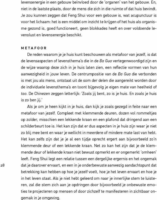 Pagina 28 uit 'Huis & ziel' met tekst over Feng Shui en metaforen van het huis.