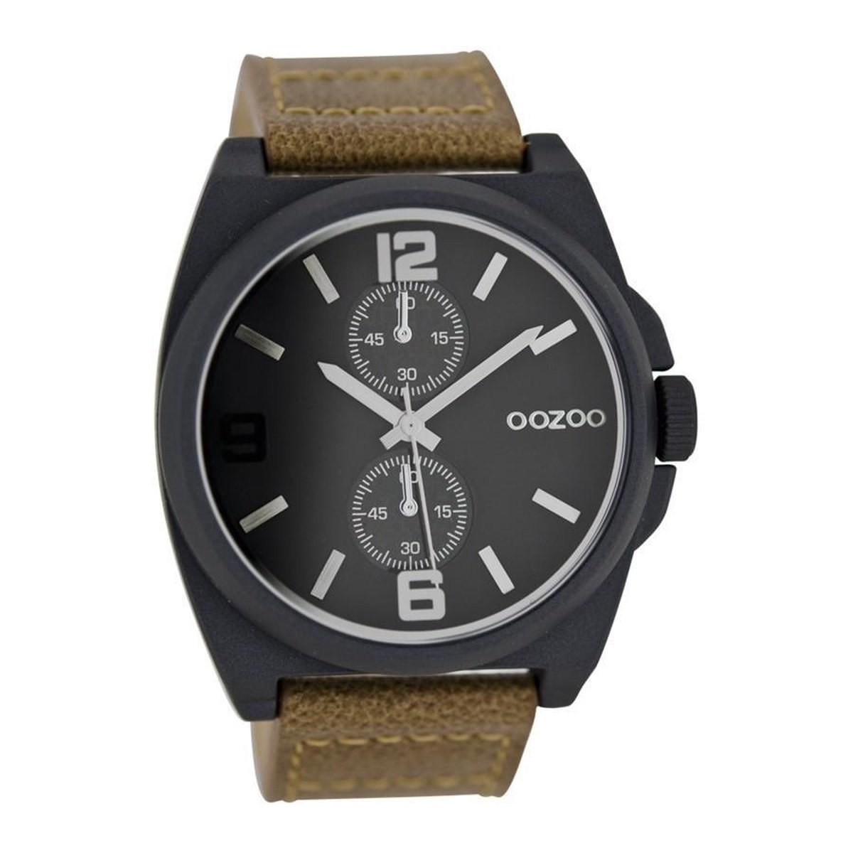 OOZOO Timepieces Zilverkleurige horloge met zwarte leren band