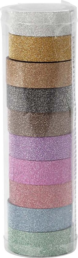 Tien rollen glitter tape in verschillende kleuren, verticaal gestapeld in een transparante koker.