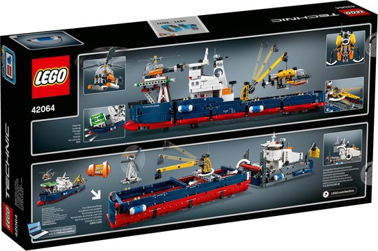 Doos van LEGO Technic 42064 Oceaanonderzoeker, met afbeelding van de boot en onderdelen.