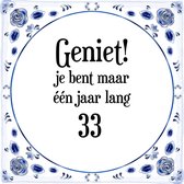 Verjaardag Tegeltje met Spreuk (33 jaar: Geniet! je bent maar één jaar 33! + cadeau verpakking & plakhanger