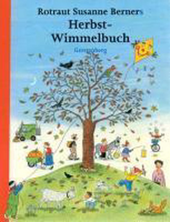 Boek "Herbst-Wimmelbuch" van Rotraut Susanne Berners. Een herfsttafereel met een boom, vlieger, mensen en dieren.
