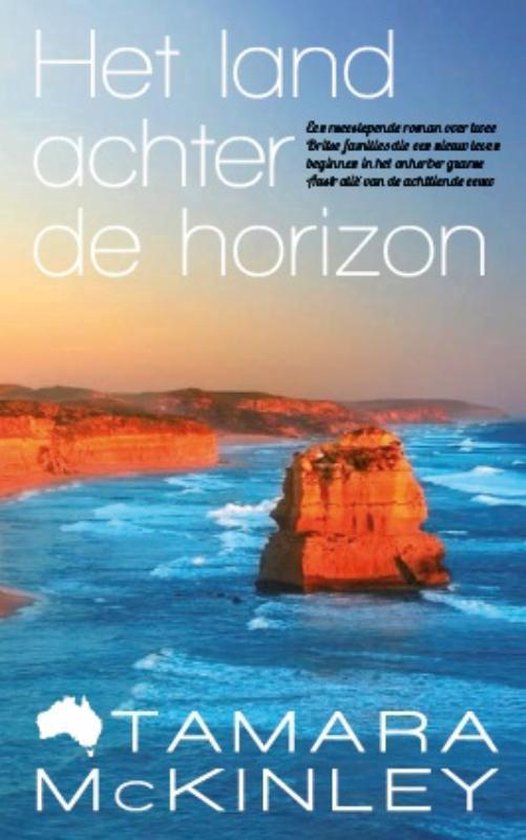 Boekcover 'Het land achter de horizon' met een afbeelding van de 'Twelve Apostles' in Australië.