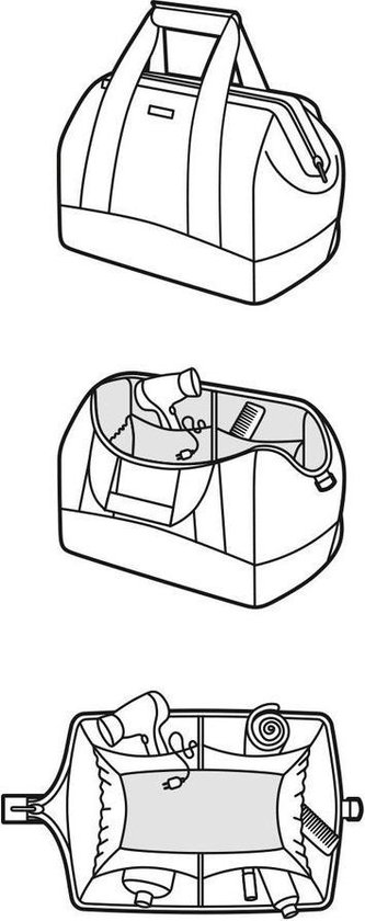 Schematische weergave van een zwarte toilettas in drie posities.
