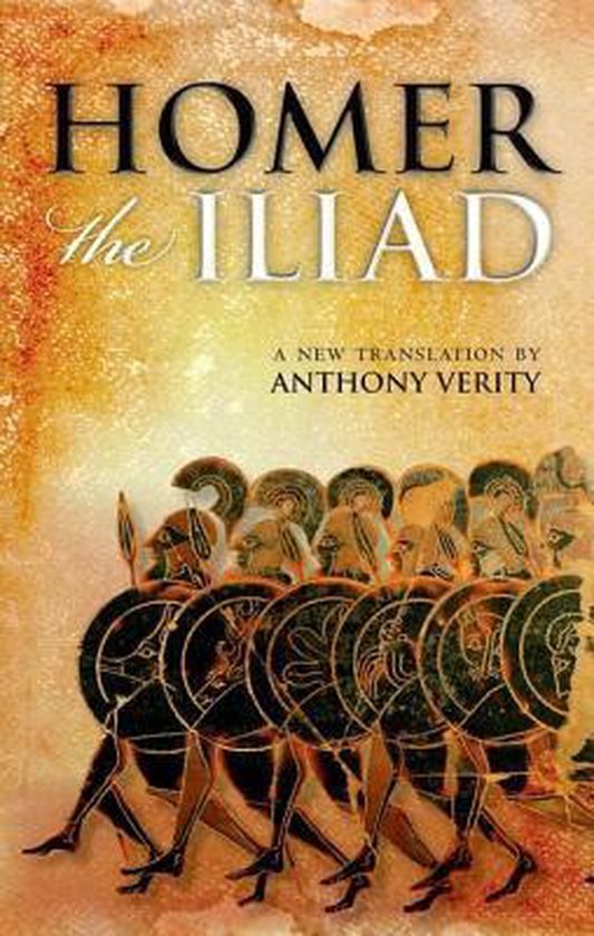 De omslag van Homerus' 'Ilias', een nieuwe vertaling van Anthony Verity, met een schildering van soldaten in gevechtshouding.