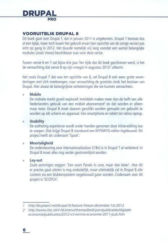 Pagina uit een boek over Drupal Pro met "Vooruitblik Drupal 8" en informatie over HTML5, Web services, Views in core, Media en Configuratie management.