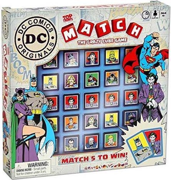 Doos van het DC Comics Top Trumps Match bordspel, met afbeeldingen van Batman, Catwoman, Superman en Joker.