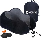 ForDig Premium Nekkussen Zwart - Inclusief Slaapmasker & Oordopjes - Memory Foam Reiskussen - Ergonomisch Vliegtuig Reis Nek Kussen - Neksteun Reiskussentje Auto - Air Travel Pillow