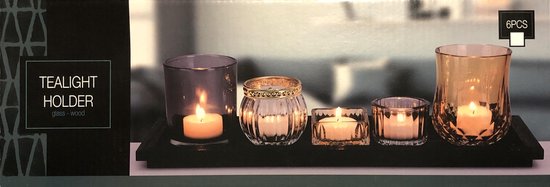 Waxinelichtjes houder en glazen - Glas/Hout - Zwart - set van 6 -  L36xH1,5xB12 cm | bol.com