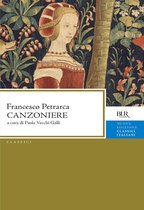 Boekomslag van Canzoniere van Francesco Petrarca met een schilderij van een vrouw in een rood korset en een groene achtergrond met bloemen en dieren.