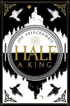 Boek kaft met een kasteel, bomen, twee witte en twee zwarte raven, en 'JOE ABERCROMBIE HALF A KING'.