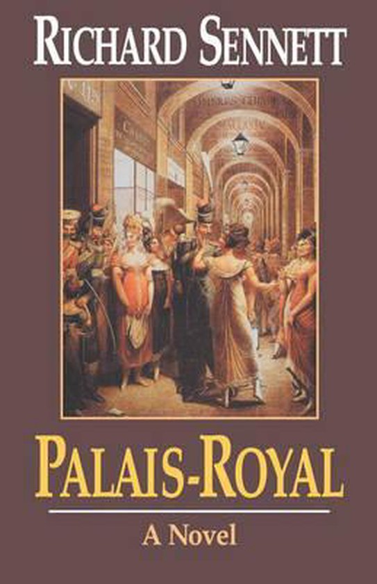 Livre "Palais-Royal" avec une peinture de personnes en costumes du 18e siècle dans une galerie à arcades.