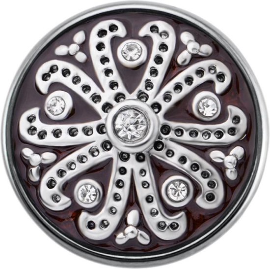 Quiges - Dames Click Button Drukknoop 18mm Ornament Bloem Mandala Bruin - EBCM285