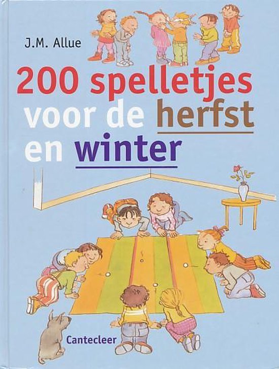 Boek "200 spelletjes voor de herfst en winter" met illustraties van spelende kinderen en een hond.