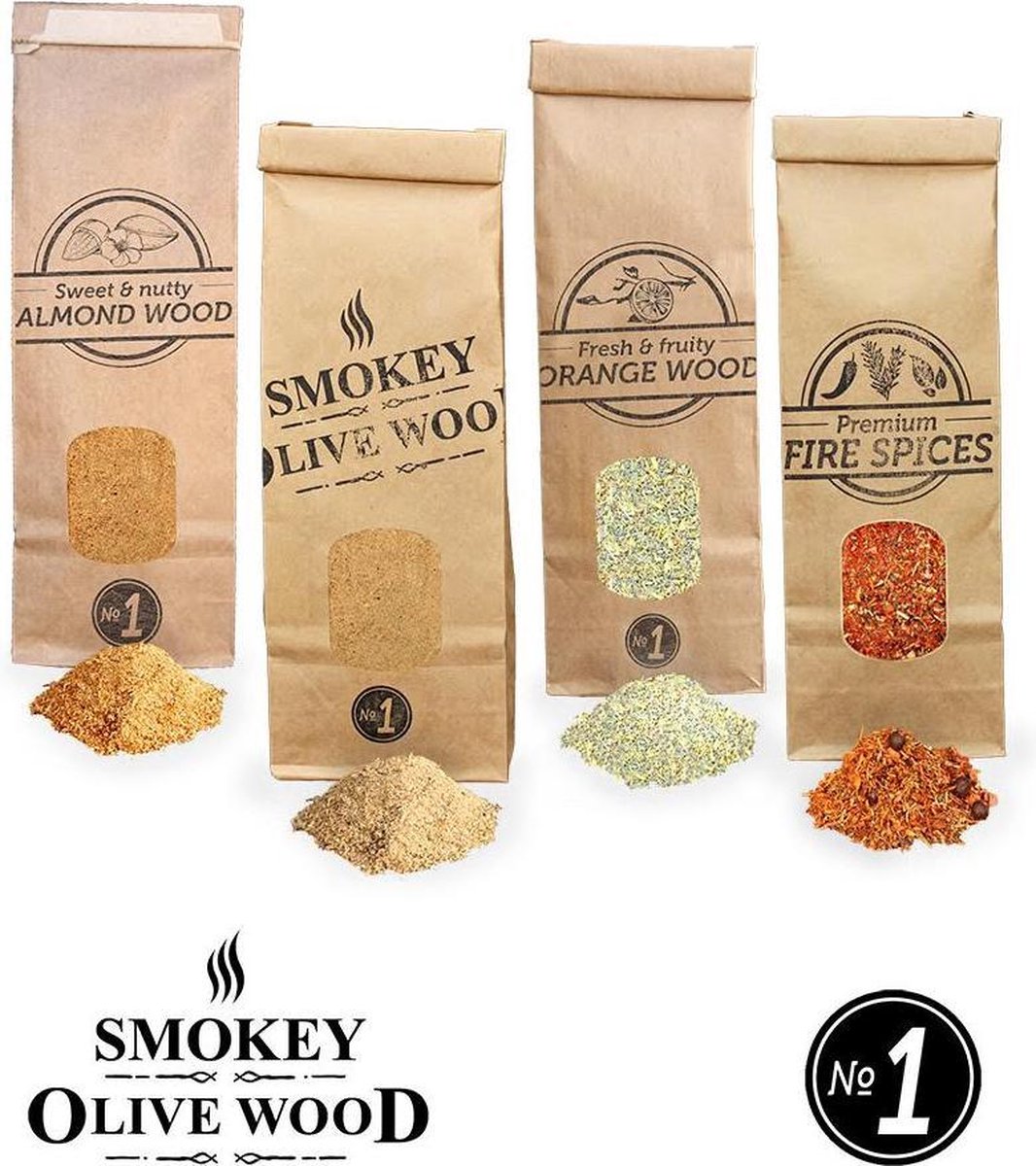 Smokey Olive Wood - Rookmot - Selectie en vuurkruiden - Olijf/Beuk - Amandel - Sinaasappel en vuurkruiden - 4 X 300ml - Smokey Olive Wood