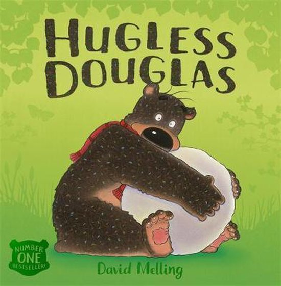 Boek 'Hugless Douglas' met een bruine beer die een witte bal omhelst, met een rood sjaaltje om.